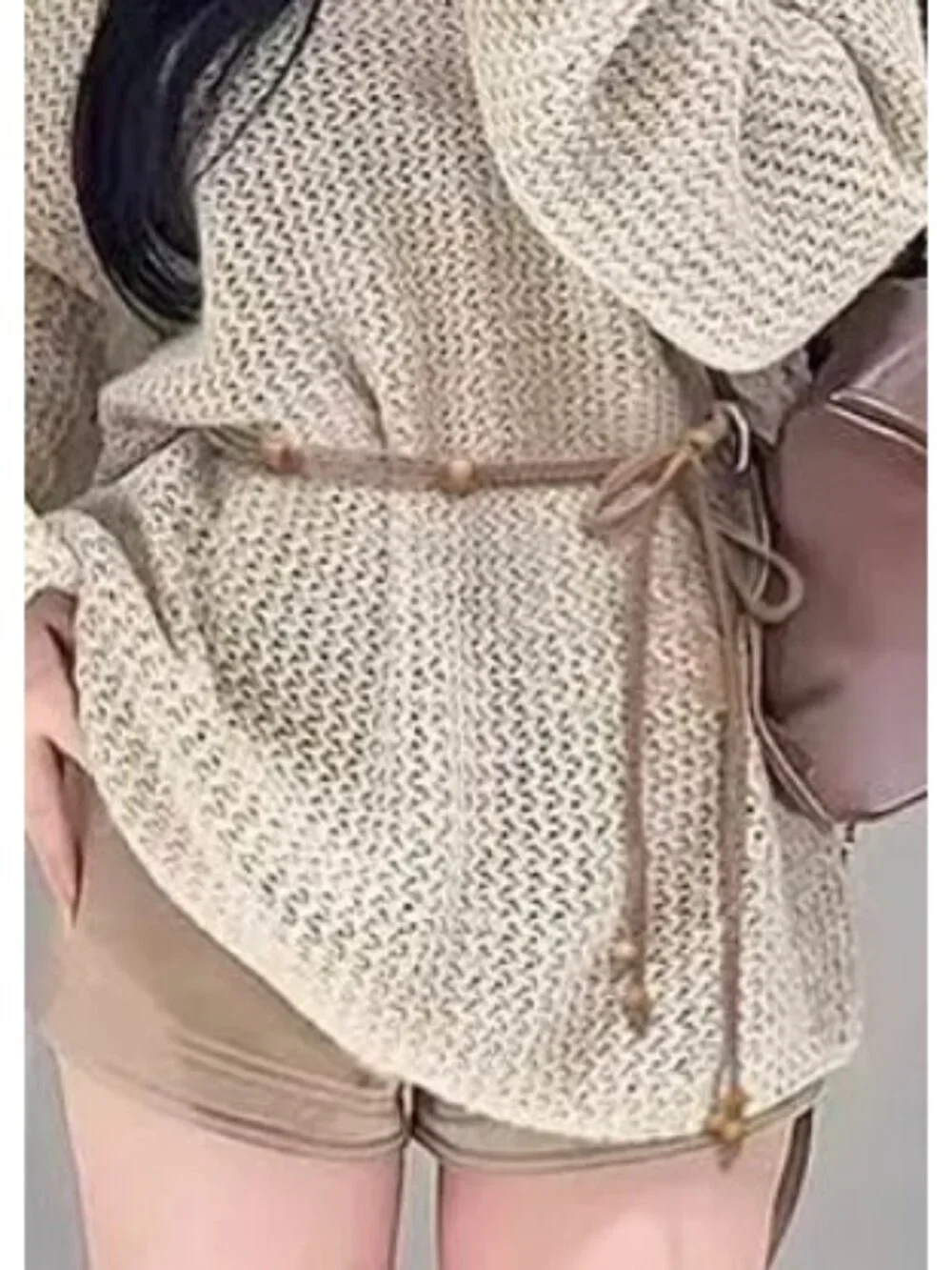 Light Brown Braided Rope Wrap-Around Belt With Wooden Beads